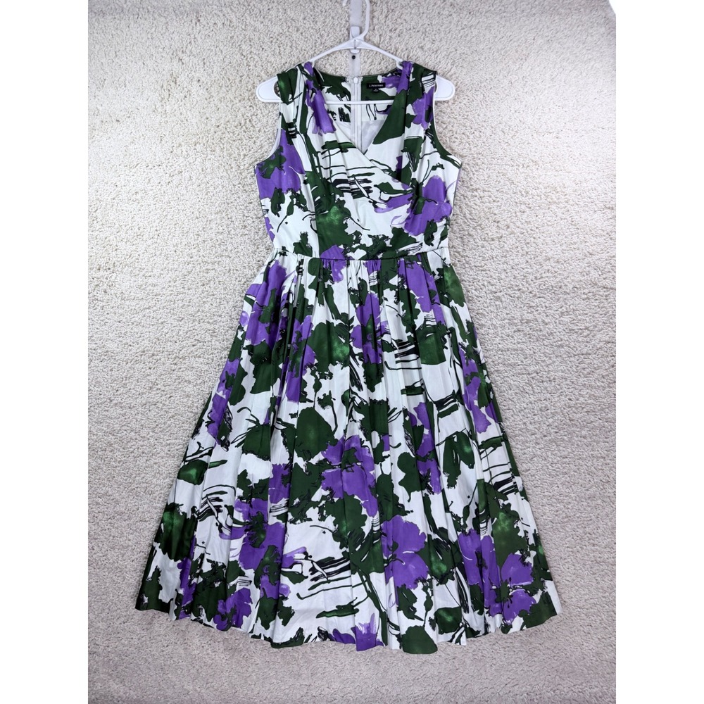 J. Peterman Floral Dress Womens 8 Purple Green White Cotton Sleeveless Midi
